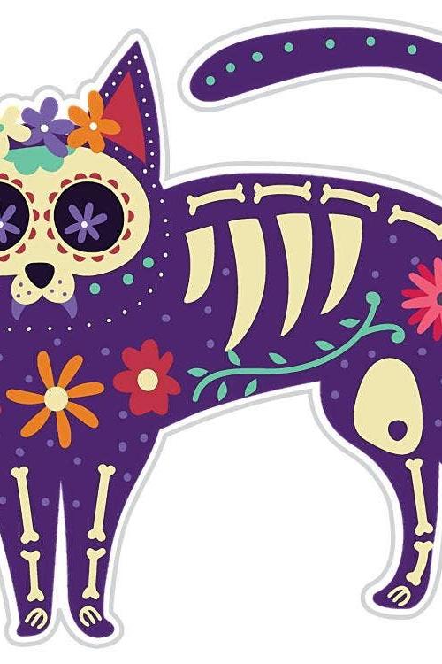 Day Of The Dead Skeleton Cat Sticker: (3" W x 3" H)