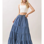 Denim layered skirt with drawstring waist
