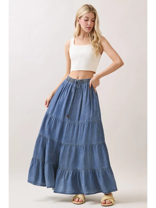 Denim layered skirt with drawstring waist
