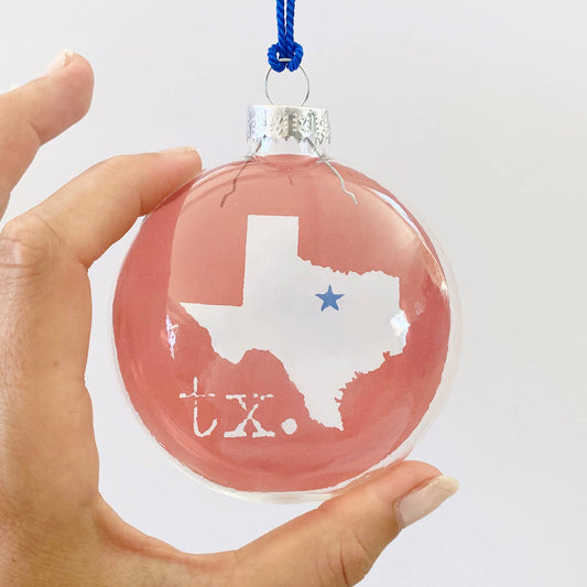 Texas State With Waxahachie Star See-Through Glass Ornament