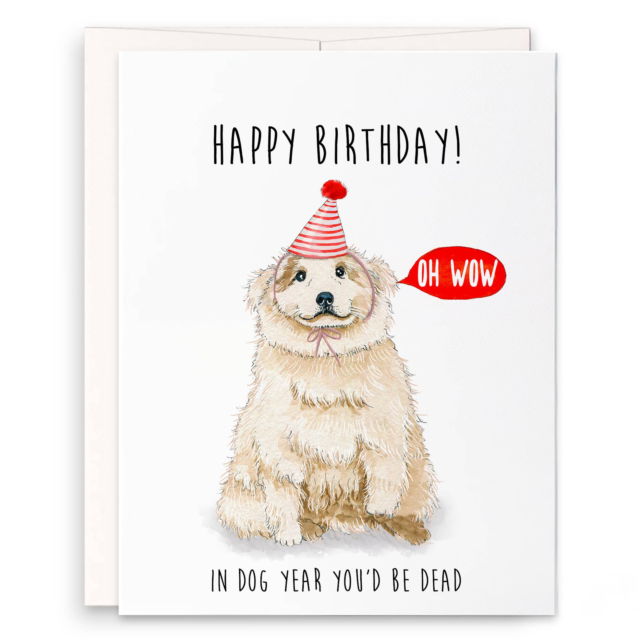 Birthday card with a dog wearing a party hat and text 'Happy Birthday! In dog year you'd be dead'.