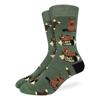 Green socks with bear illustrations and text on a white background