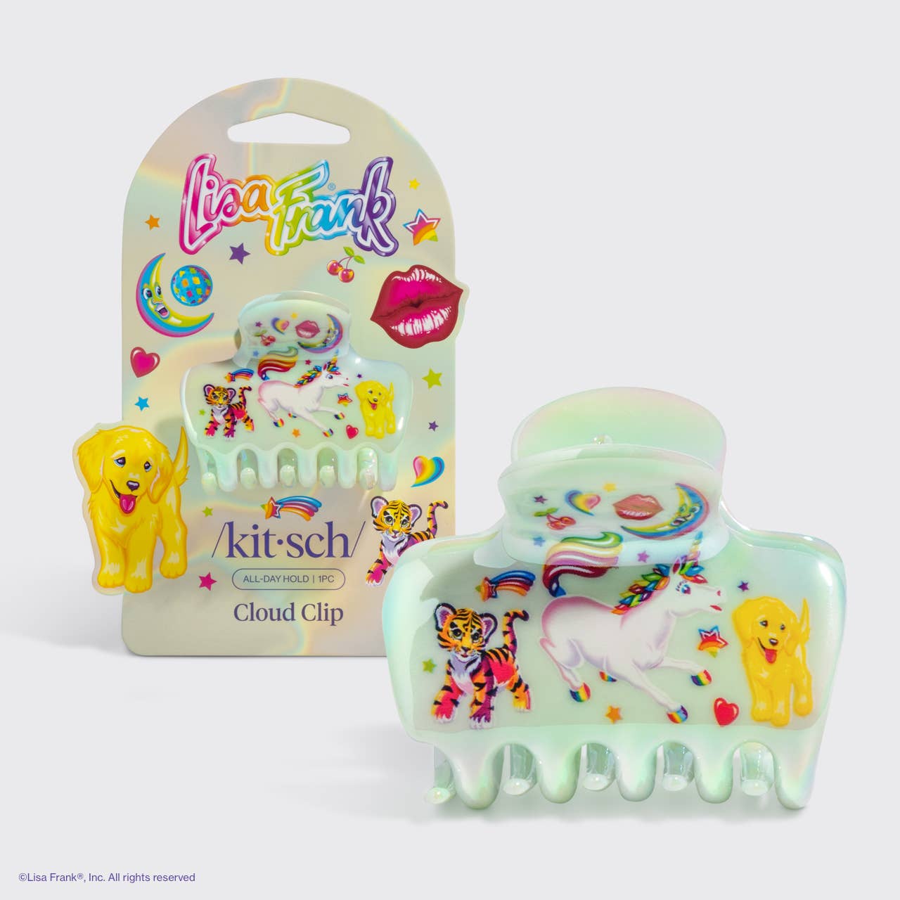 Colorful cloud clip with cartoon designs and packaging featuring 'Lisa Frank' and 'kit-sch'.