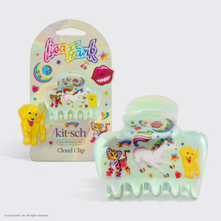 Colorful cloud clip with cartoon designs and packaging featuring 'Lisa Frank' and 'kit-sch'.