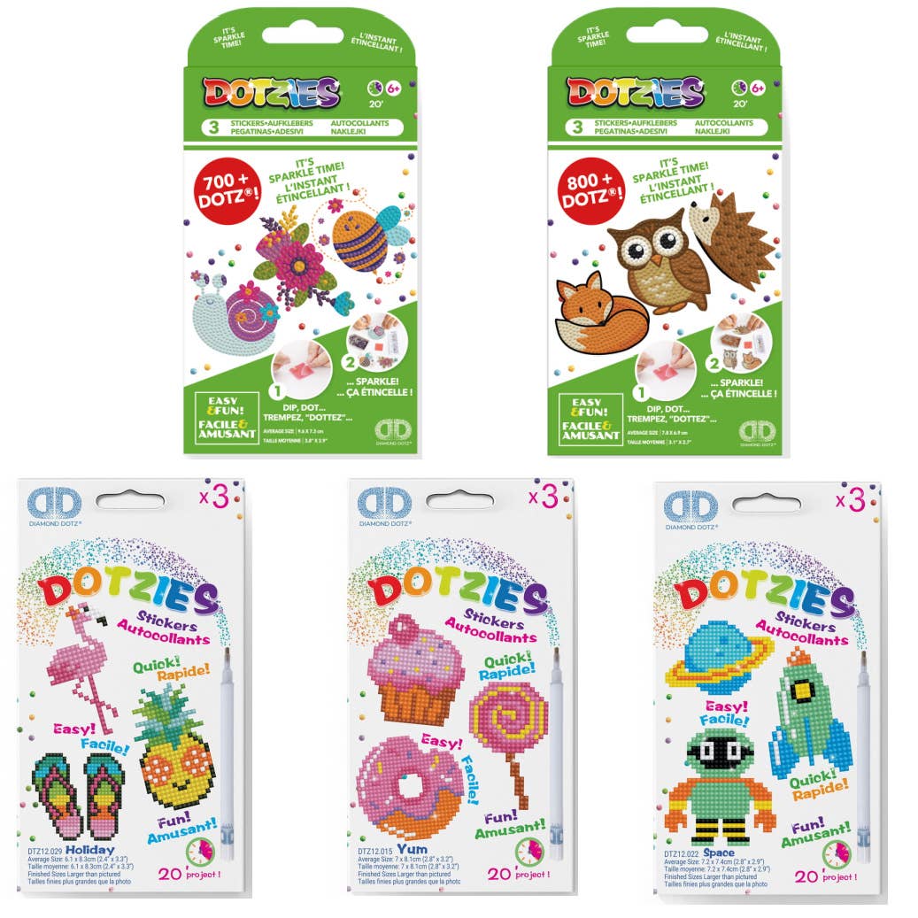 Five packages of Dotzies sticker books with various designs on a white background