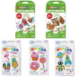 Five packages of Dotzies sticker books with various designs on a white background