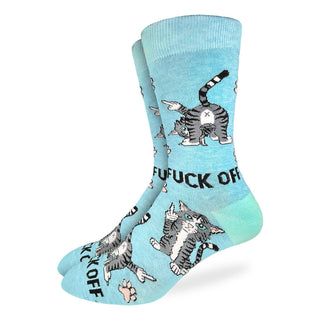 Light blue socks with cat illustrations and text on a white background