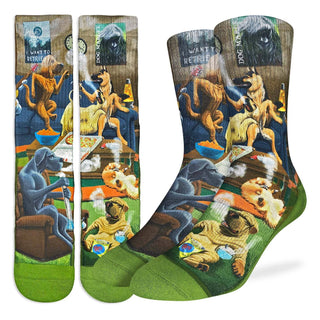 Pair of socks with a humorous dog-themed design on a white background