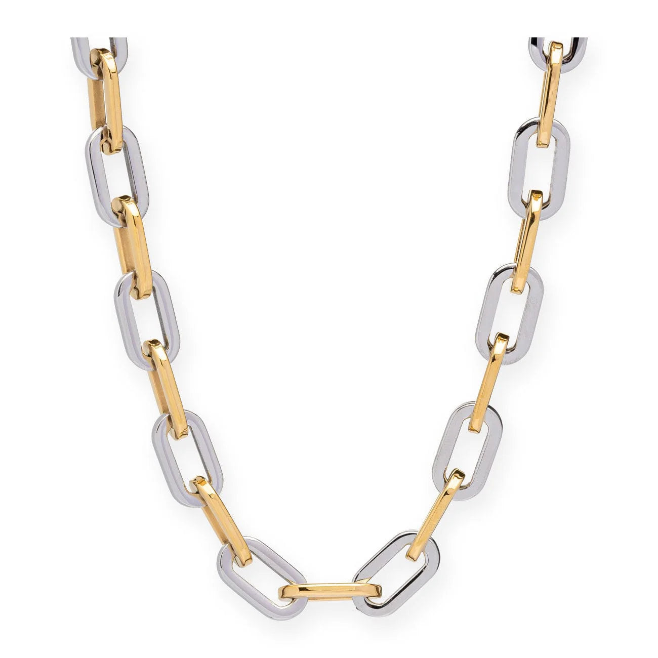 Two-tone gold and silver chain necklace on a white background