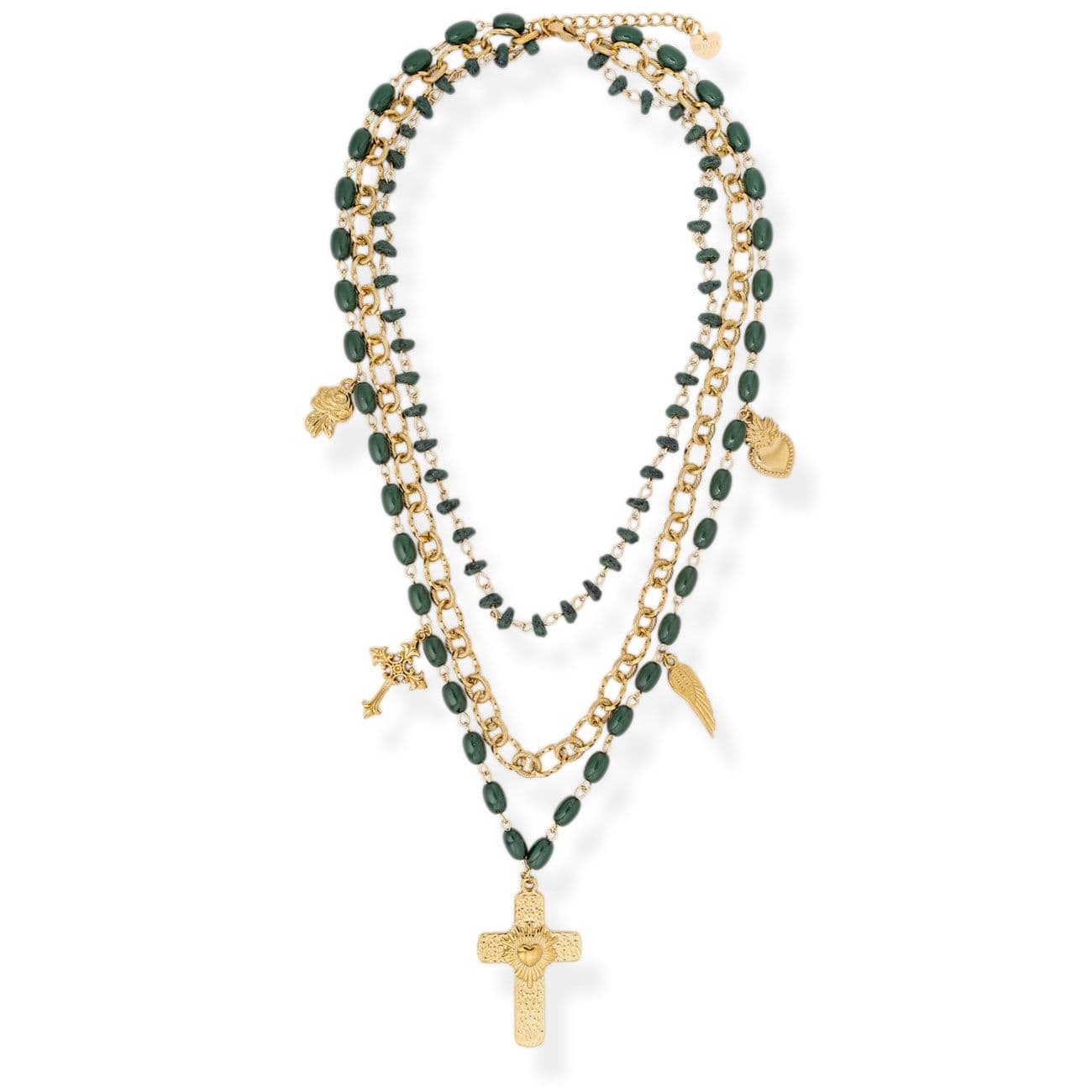 Multi-layered necklace with green beads and gold accents on a white background