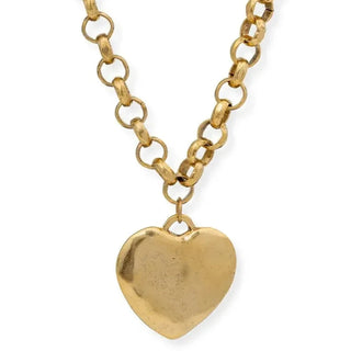 Gold heart-shaped pendant on a gold chain against a white background
