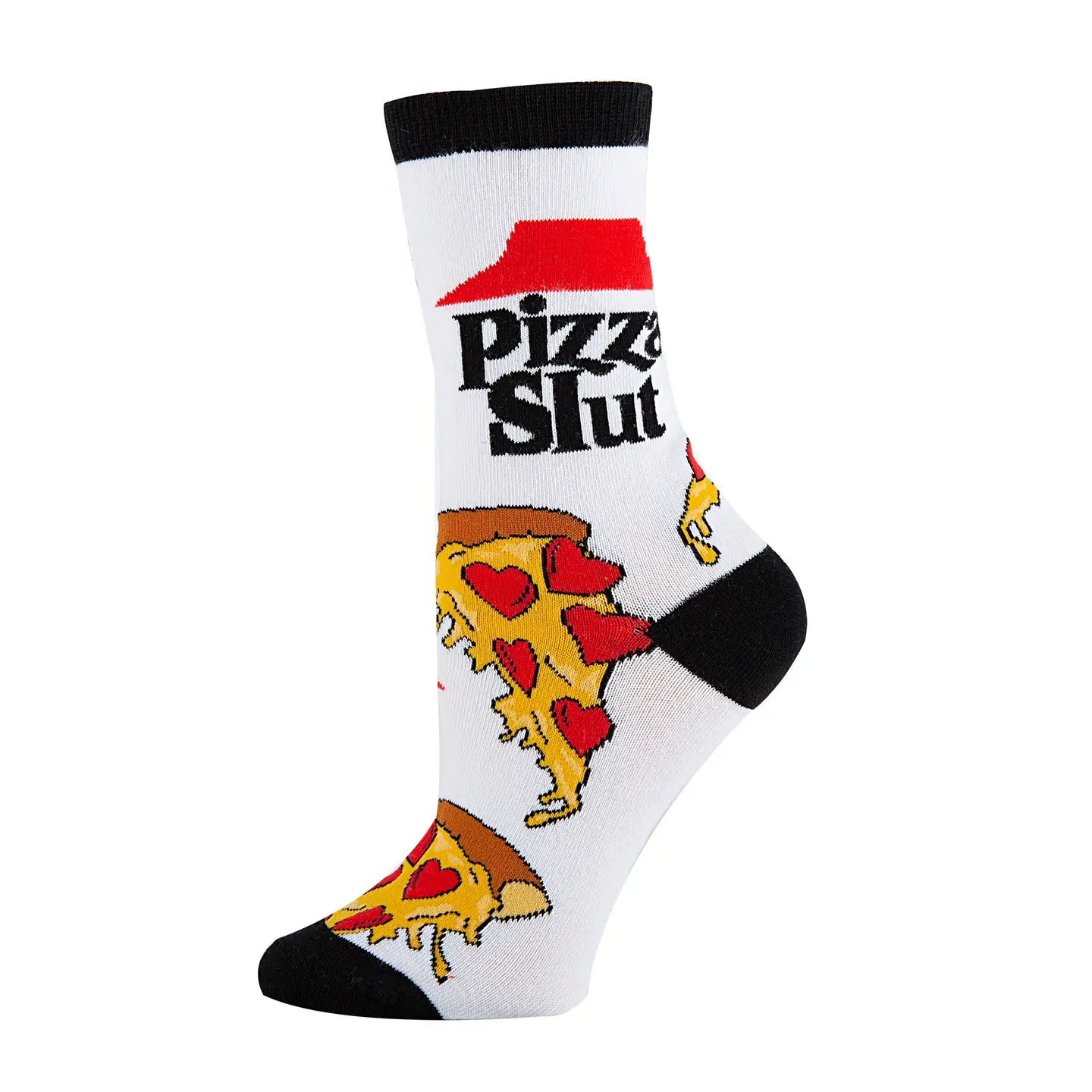 Sock with pizza design and 'Pizza Slut' text on a white background