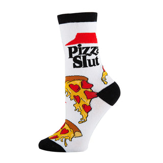 Sock with pizza design and 'Pizza Slut' text on a white background