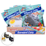 A retail display box filled with multiple packaged plush toys shaped like cats, with a wooden front sign reading 'Barnyard Cats' and 'Farm Fresh.' The packages are mostly teal gingham with blue banners and cat illustrations.