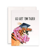 Greeting card with a tiger wearing a graduation cap and flowers, and text 'Go Get 'Em Tiger' on a white background.
