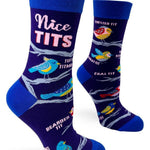 A pair of blue ladies' novelty crew socks with cute birds and the text 'NICE TITS' printed on them.