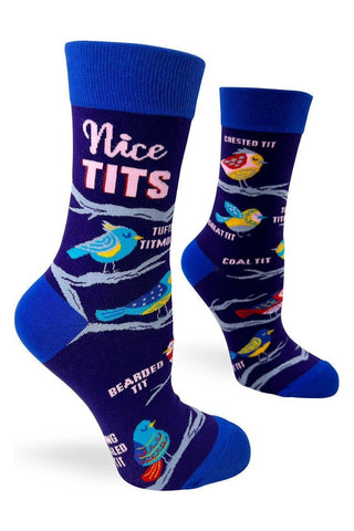 A pair of blue ladies' novelty crew socks with cute birds and the text 'NICE TITS' printed on them.