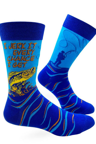 Blue socks with yellow text and graphics on a white background