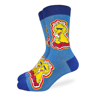 Blue socks with Big Bird design on a white background