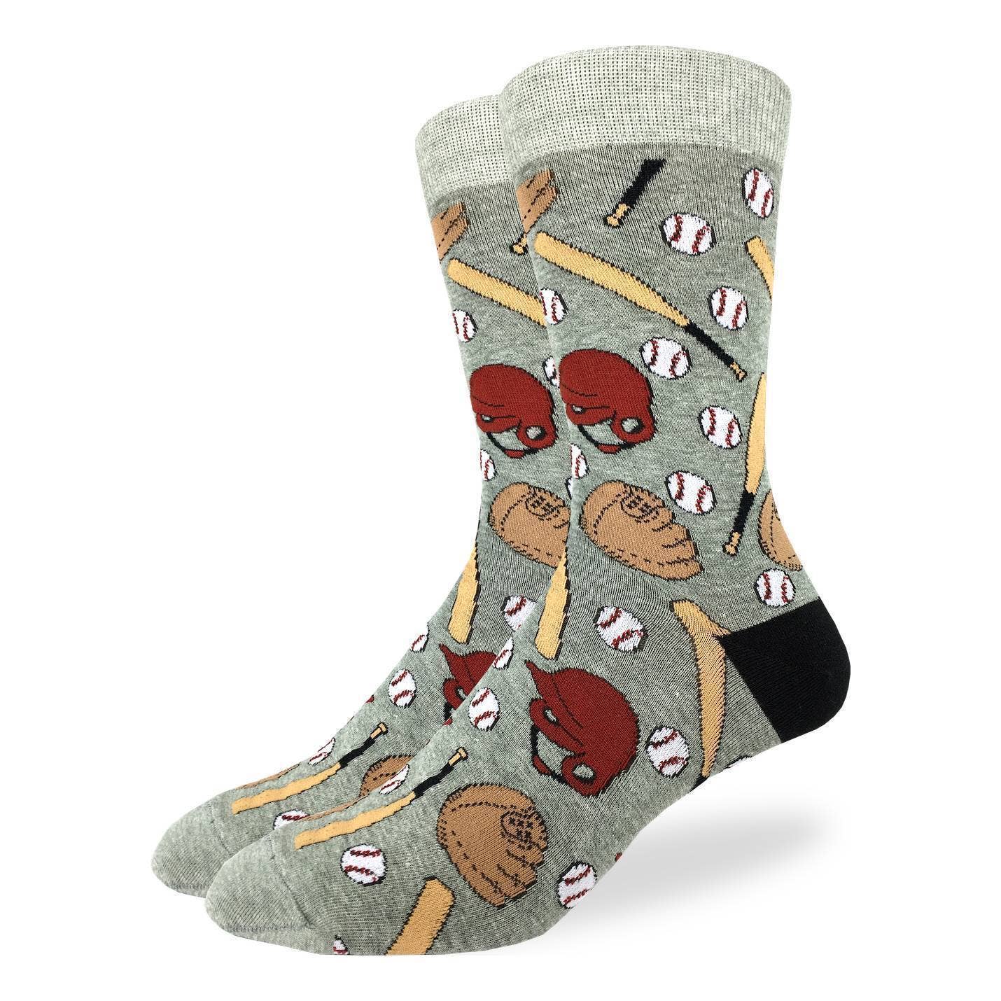 Gray socks with sports-themed pattern on a white background