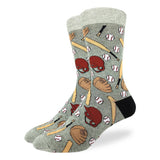 Gray socks with sports-themed pattern on a white background