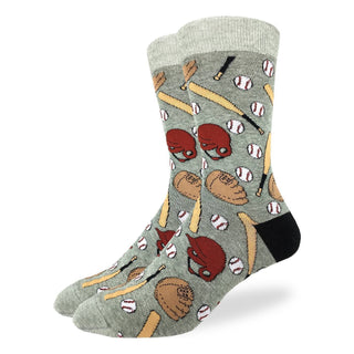 Gray socks with sports-themed pattern on a white background
