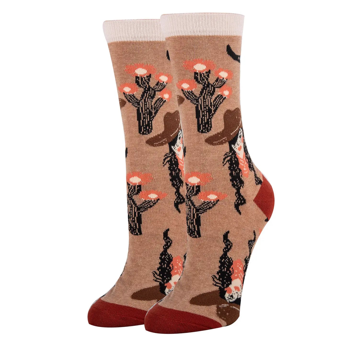 Pair of socks with cactus design on a beige background