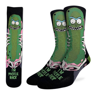 Pickle Rick socks with text and cartoon design on a white background