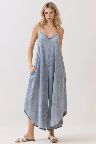 DENIM SLOUCHY FITTED JUMPSUIT - VJ3103A: MED WASH / S