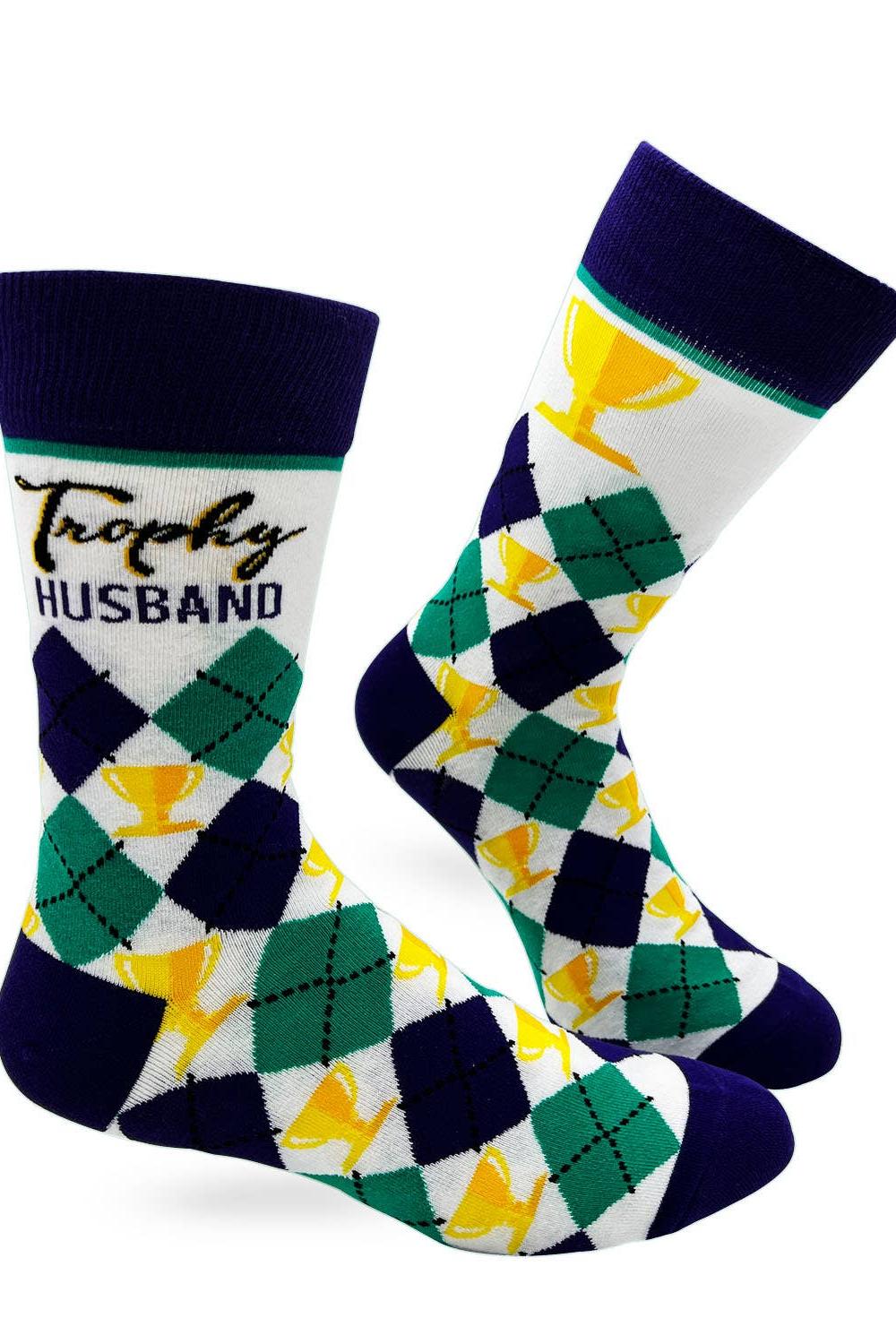 Two socks with argyle pattern and trophy design on a white background