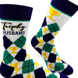 Two socks with argyle pattern and trophy design on a white background