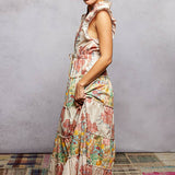 V-Neck Sleeveless Ruffle Floral Printed Maxi Dress: PEACH FLORAL / L