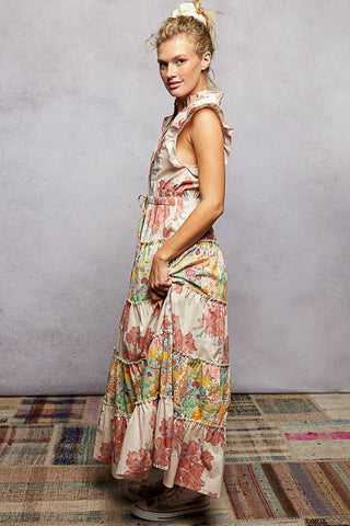 V-Neck Sleeveless Ruffle Floral Printed Maxi Dress: PEACH FLORAL / L