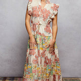 V-Neck Sleeveless Ruffle Floral Printed Maxi Dress: PEACH FLORAL / L