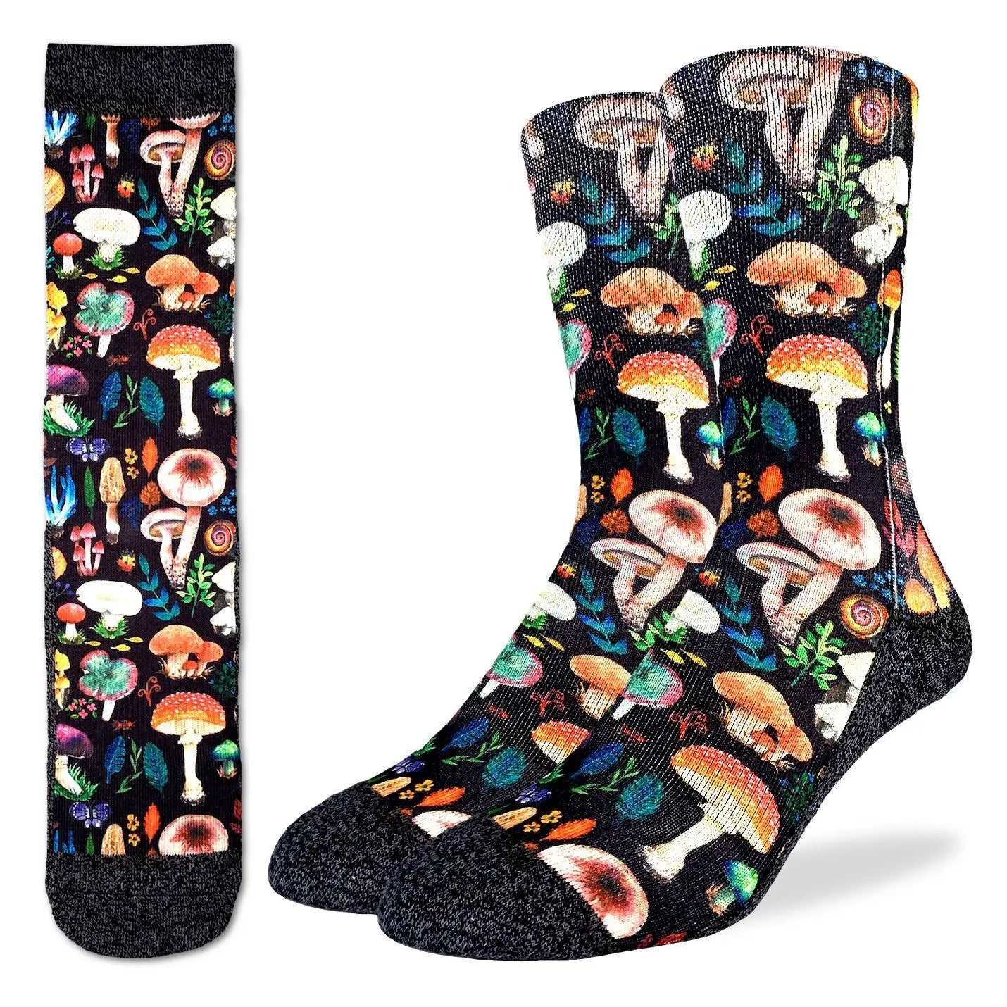 Colorful mushroom-patterned socks on a black background