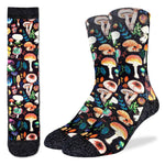 Colorful mushroom-patterned socks on a black background