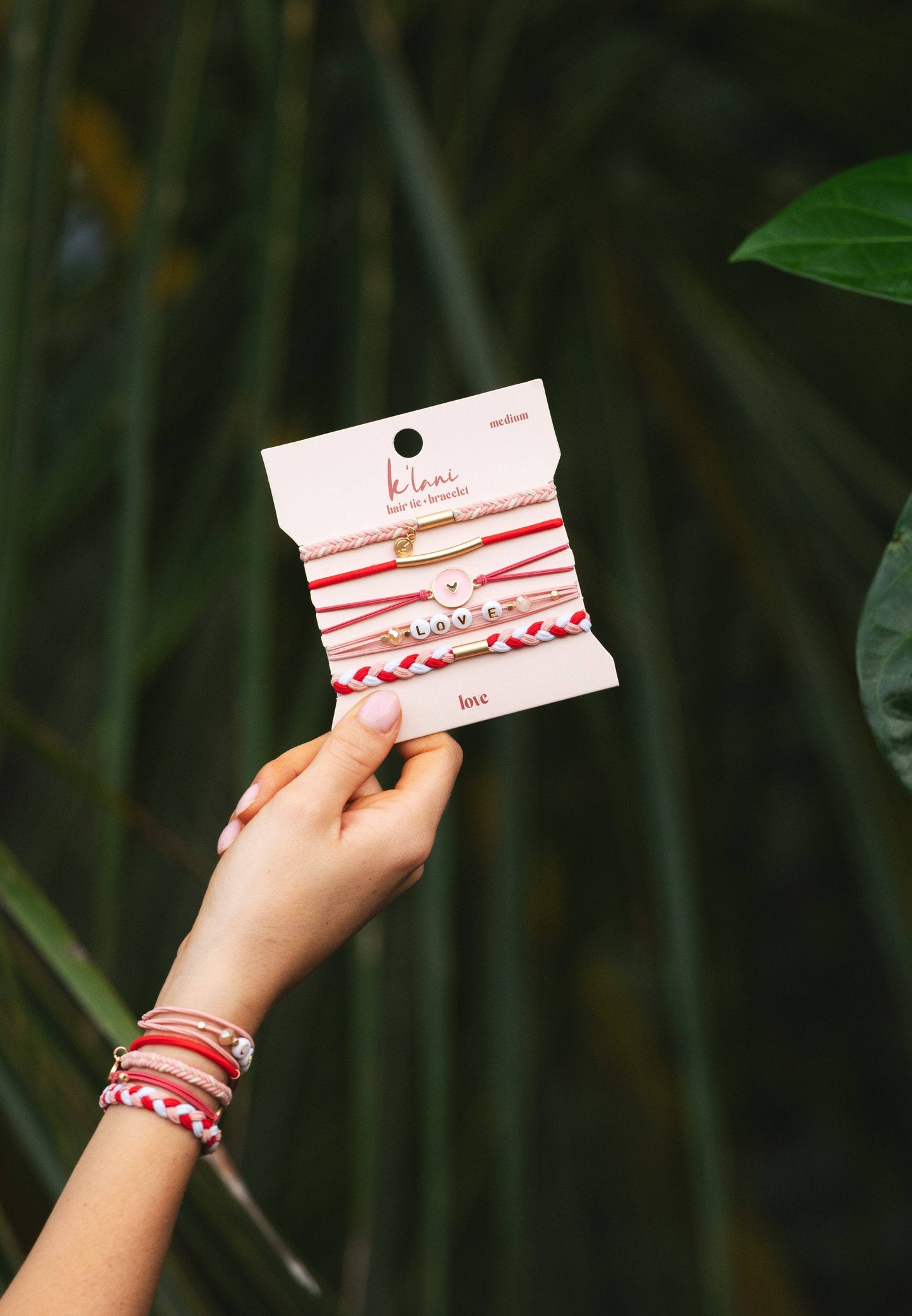 K'LANI "Love" Pink Hearts Hair Tie Bracelets