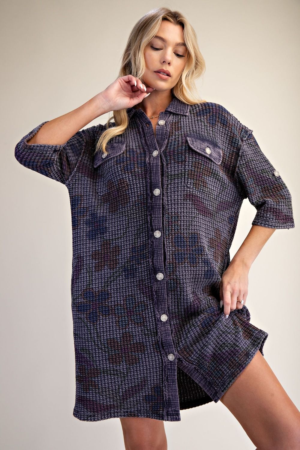 easel shirt dress EASEL Shirt Dress Medium Plaid Flannel Drop Shoulder Balloon Sleeve Raw Hem