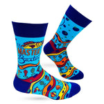 Colorful socks with text and patterns on a white background