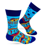 Colorful socks with text and patterns on a white background