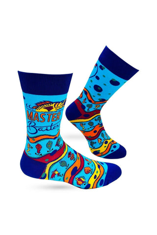 Colorful socks with text and patterns on a white background