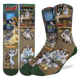 Socks with dog-themed design featuring various breeds in a bar setting.