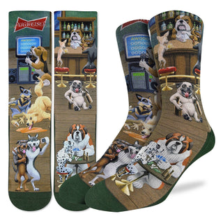 Socks with dog-themed design featuring various breeds in a bar setting.