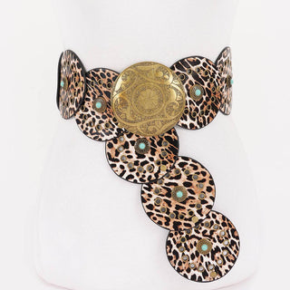 Leopard print choker necklace with gold and turquoise accents on a white background