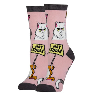 Pink socks with a grumpy cat design and 'Not Today' sign on a white background
