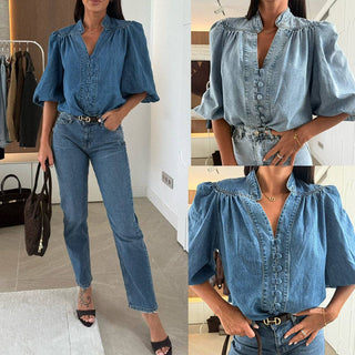 Vintage Lantern Sleeve V-Neck Denim Shirt Woman Blouse: DARK BLUE / S