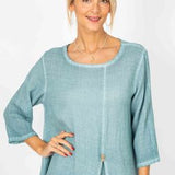 Woman wearing a light blue outfit on a white background