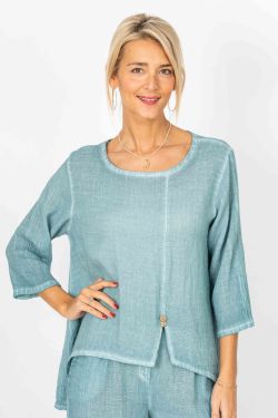 Woman wearing a light blue outfit on a white background