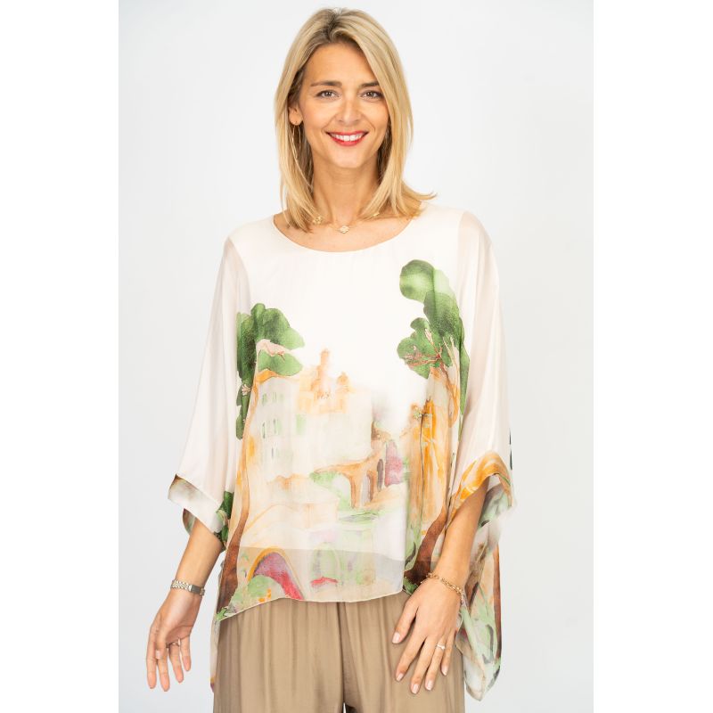 Woman wearing a floral blouse with a white background