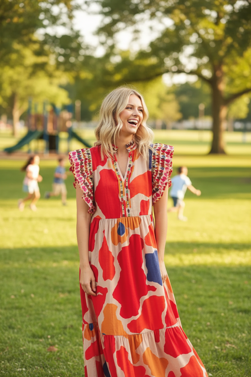 Blonde model wearing geo print midi dress laughing in park with children